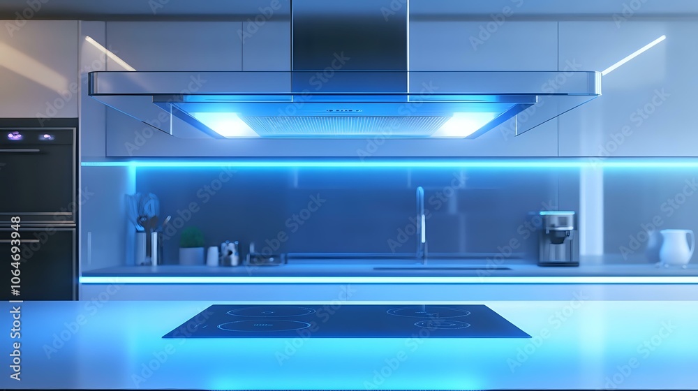 Obraz premium High-tech glass kitchen hood in a futuristic kitchen with smart appliances, LED touch controls, and sleek minimal surfaces