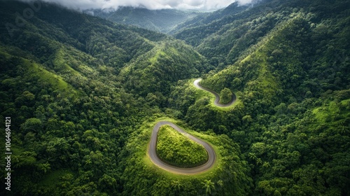 Aerial view of winding road through lush green mountains and dense tropical forest.