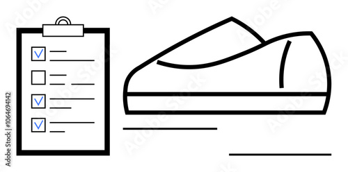Clipboard with checkmarks next to several tasks, athletic shoe beside it. Ideal for sports, fitness tracking, goal setting, achievement, task management, planning, health. Line metaphor