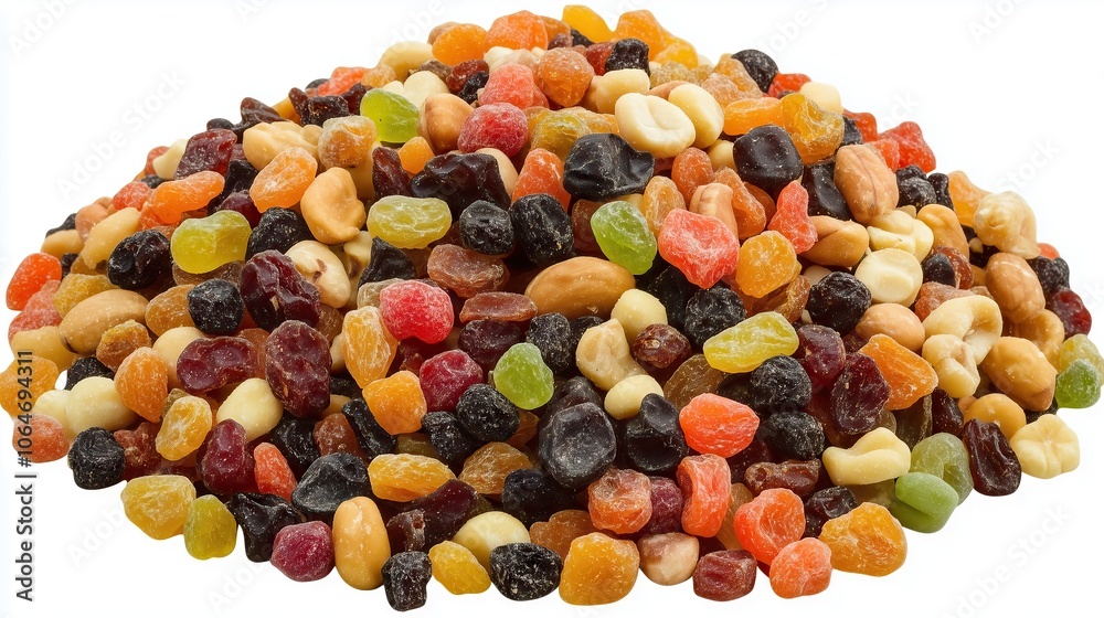 A pile of delicious selection of mixed nuts and dried fruits, on white background A pile of delicious selection of mixed nuts and dried fruits, on white background