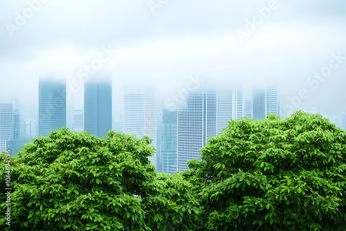 A serene view of urban landscapes shrouded in mist with lush greenery in the foreground and towering skyscrapers in the distance