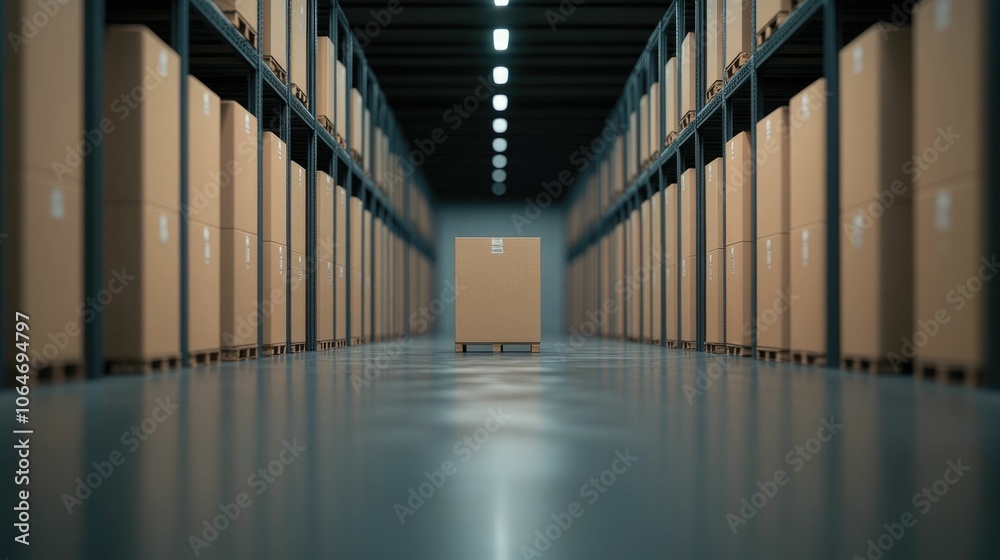 Fototapeta premium Rows of neatly stacked boxes in a well lit modern and organized warehouse interior with a deep depth of field creating a minimalist and efficient storage and logistics concept