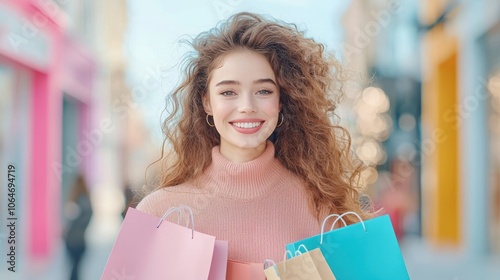 A young woman smiling as she holds multiple shopping bags, walking down a busy street lined with retail stores and vibrant displays. photo