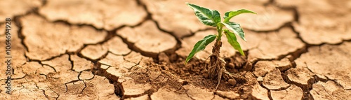 A resilient seedling emerges from cracked, dry soil, symbolizing hope and survival in a challenging environment.