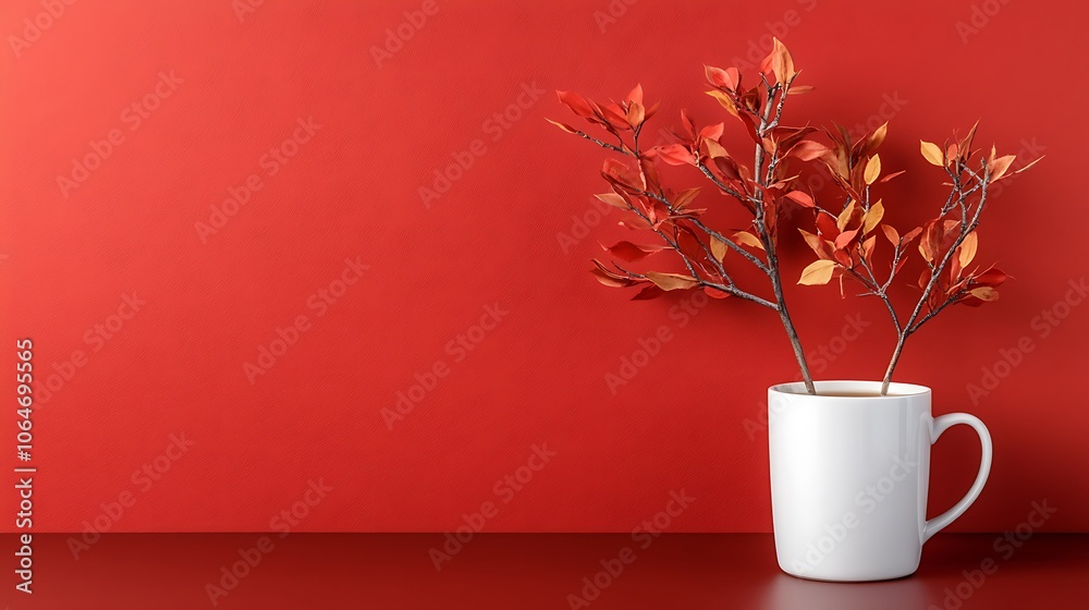 Enhance your home decor with a stylish white mug holding autumn leaves against a bold red background Enhance your home decor with a stylish white mug holding autumn leaves against a bold red background