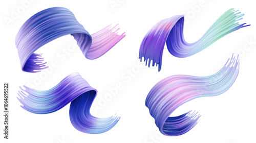 Flowing 3d brushstrokes with blue and purple gradient colors. Ribbon shapes with smooth transitions and textured edges. Modern graphic design elements vector set of wave acrylic paint brush stroke.
