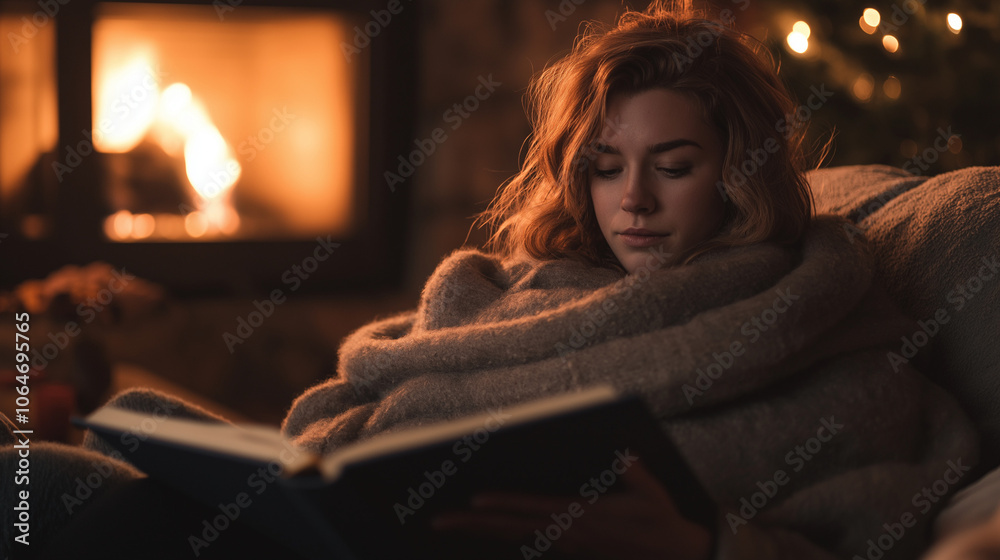 Woman reading by fireplace in cozy sweater Woman reading by fireplace in cozy sweater