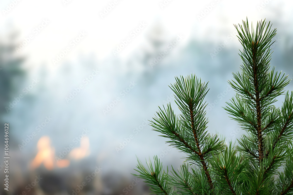 Obraz premium The resilience of nature pine tree surviving amidst smoky wildfires in the background