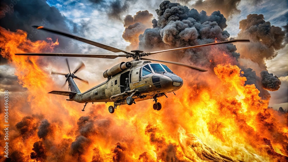 Action shot of a helicopter hovering over flames and explosions in a dynamic scene, helicopter, flames, explosions, action Action shot of a helicopter hovering over flames and explosions in a dynamic scene, helicopter, flames, explosions, action