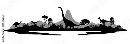 Monochrome prehistoric dinosaur silhouettes. Vector dino animals and reptiles on jurassic forest trees and mountains background. Titanosauria, velociraptor, lambeosaurus, parasaurolophus silhouettes