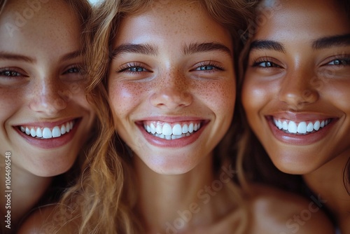 Group of patients: People with beautiful smiles showing the result of dental procedures on the background of the clinic.