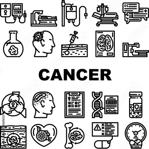 cancer treatment chemotherapy icons set vector. immunotherapy radiotherapy, surgery targeted, hormone precision, oncologist, biopsy cancer treatment chemotherapy black contour illustrations