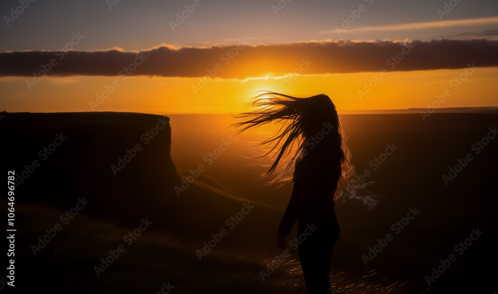 Golden-hour silhouette of a woman with long flowing hair, standing at the edge of a scenic overlook, immersed in a vibrant sunset. Golden-hour silhouette of a woman with long flowing hair, standing at the edge of a scenic overlook, immersed in a vibrant sunset.