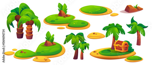 Game level elements set - tropical setting with palm trees, sand island platforms with green grass, wooden treasure chest and brown rocks. Bright cartoon tropical adventure mobile gaming assets.