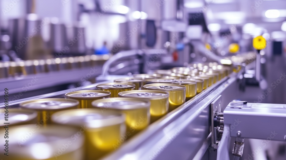 Fototapeta premium Food production line transporting sealed tin cans along conveyor belt.