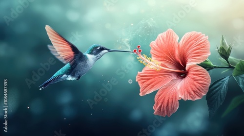 A vibrant hummingbird hovering near a hibiscus flower, its feathers catching the light as it sips nectar from the radiant blossom.