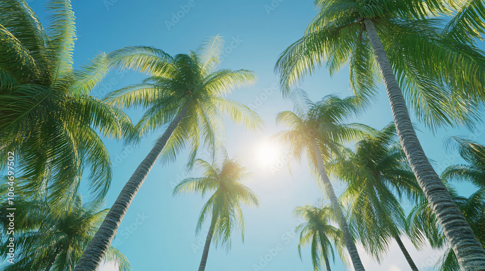 A vibrant view of palm trees reaching towards a bright blue sky with sunlight filtering through the leaves for travel.