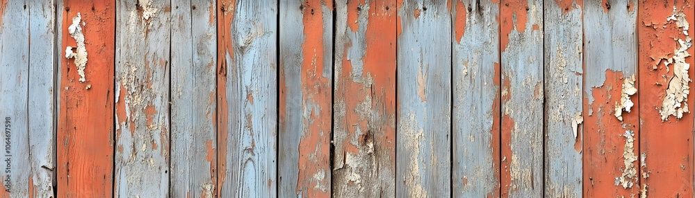 Weathered Wooden Planks with Peeling Paint in Orange and Blue Hues Weathered Wooden Planks with Peeling Paint in Orange and Blue Hues