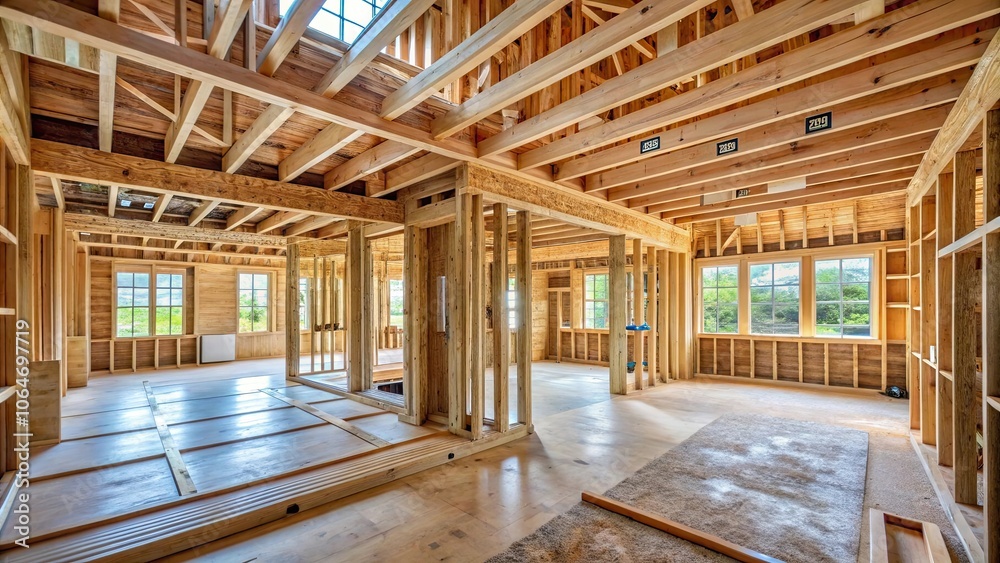 Interior view of a new house under construction with exposed beams and walls , construction, new, house, interior Interior view of a new house under construction with exposed beams and walls , construction, new, house, interior