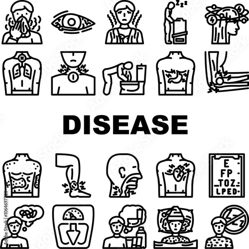 disease symptom fever cough icons set vector. fatigue headache, nausea rash, chills, dizziness pain, swelling vomiting, diarrhea disease symptom fever cough black contour illustrations