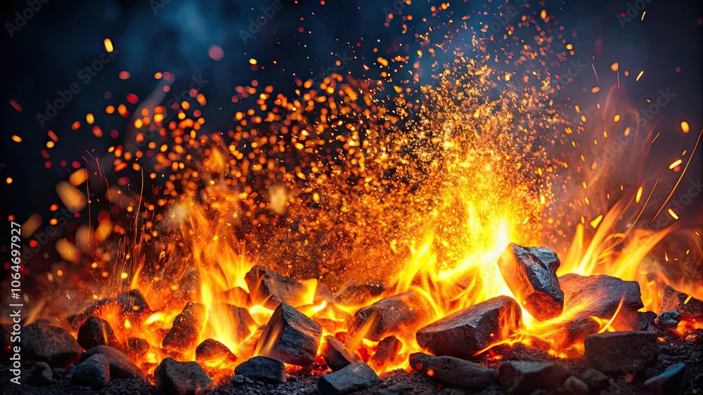 Burning hot coals glowing in the dark with sparks flying , hot coals, burning, glowing, dark, sparks, fire, heat Burning hot coals glowing in the dark with sparks flying , hot coals, burning, glowing, dark, sparks, fire, heat