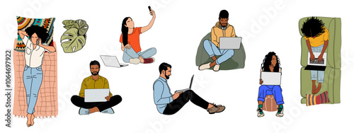 Set of different people working on laptop, phone, sitting, lying on the sofa. Freelance, Online, distant, remote work, learning concept. Vector colored outline drawing on transparent background.