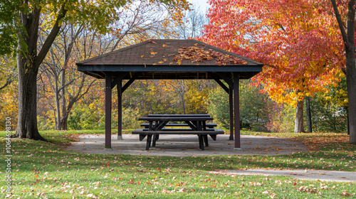 A charming picnic spot under a colorful canopy of autumn leaves, perfect for a family gathering. photo