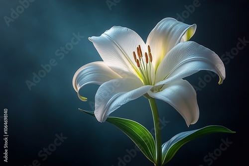 One white lily with soft lighting that emphasizes its tenderness against a dark background.