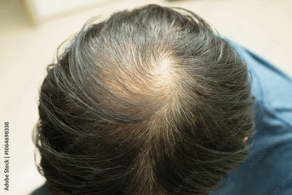 Bald head in man, hair loss treatment health problem. Bald head in man, hair loss treatment health problem.
