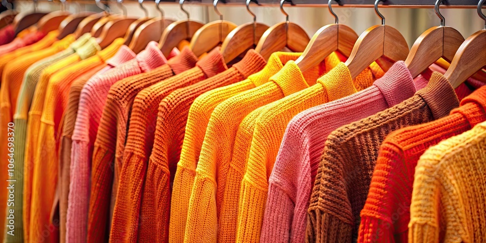 Obraz premium Vibrant display of knitted sweaters in shades of orange, yellow, and pink on clothing rack for autumn shoppers , autumn