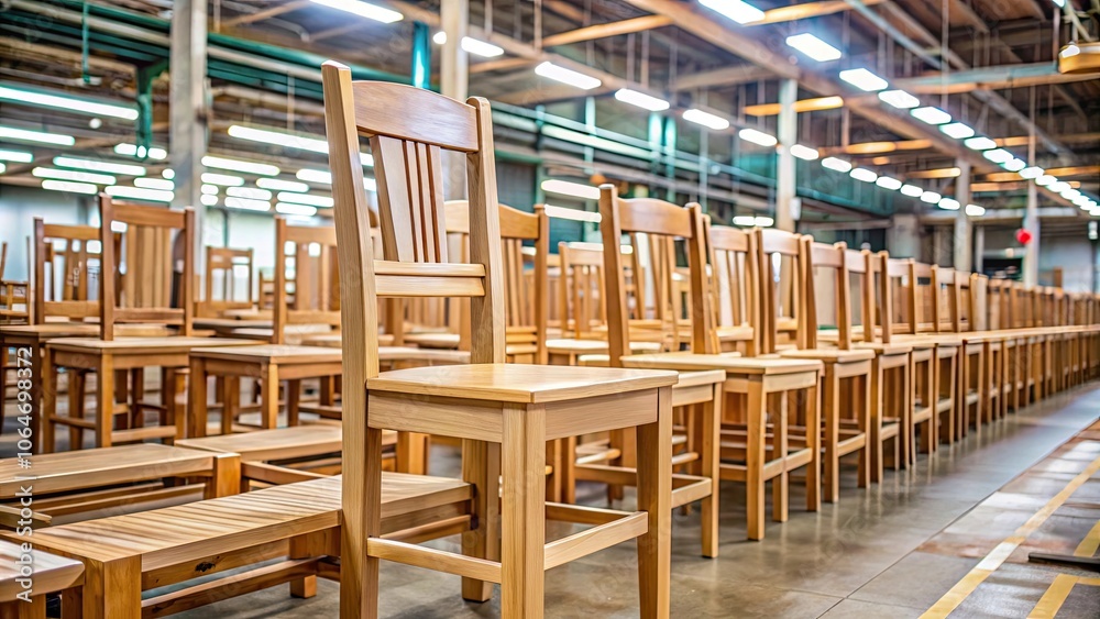 Furniture factory production of wooden chairs , manufacturing, assembly line, woodworking, craftsmanship, industrial Furniture factory production of wooden chairs , manufacturing, assembly line, woodworking, craftsmanship, industrial