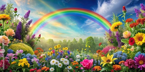 Fototapeta Naklejka Na Ścianę i Meble -  Colorful and whimsical of a rainbow surrounded by vibrant flowers and plants, rainbow, flowers, whimsical, floral,colorful