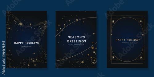 Luxury Happy Holidays invitation card design vector. Elegant Happy New Year card with little star, moon, galaxy on navy blue background. Design for Season's Greeting, Christmas, cover.