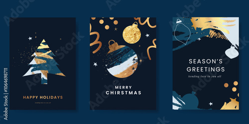 Luxury Happy Holidays invitation card design vector. Elegant Happy New Year card with little star, moon, galaxy on navy blue background. Design for Season's Greeting, Christmas, cover.