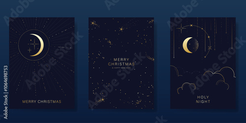 Luxury Happy Holidays invitation card design vector. Elegant Happy New Year card with little star, moon, galaxy on navy blue background. Design for Season's Greeting, Christmas, cover.