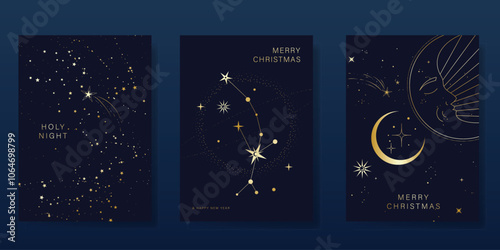 Luxury Happy Holidays invitation card design vector. Elegant Happy New Year card with little star, moon, galaxy on navy blue background. Design for Season's Greeting, Christmas, cover.