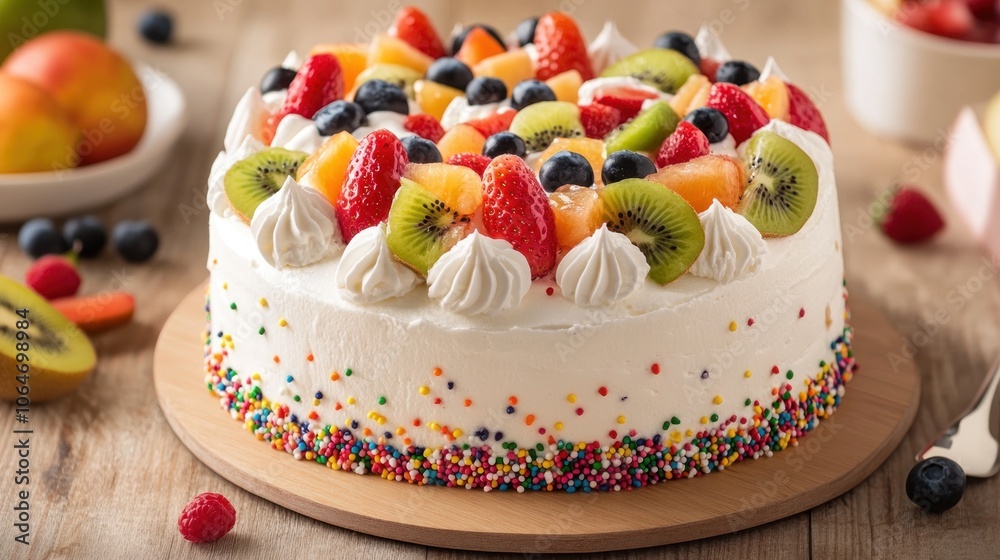 A stunning ice cream cake decorated with fresh fruits and sprinkles A stunning ice cream cake decorated with fresh fruits and sprinkles