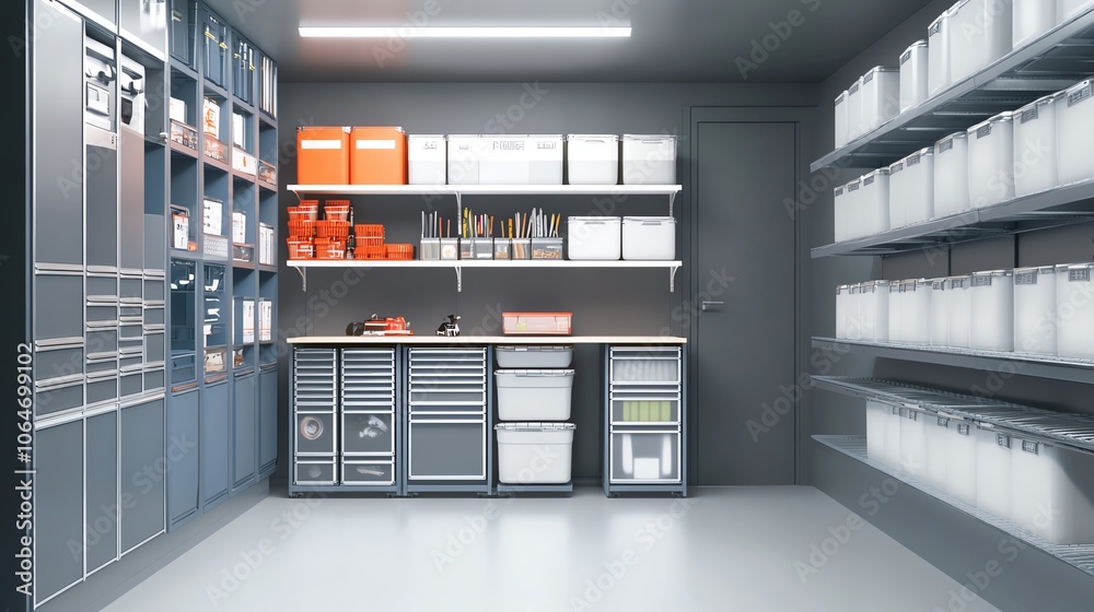 Organized storage space with shelving units Organized storage space with shelving units