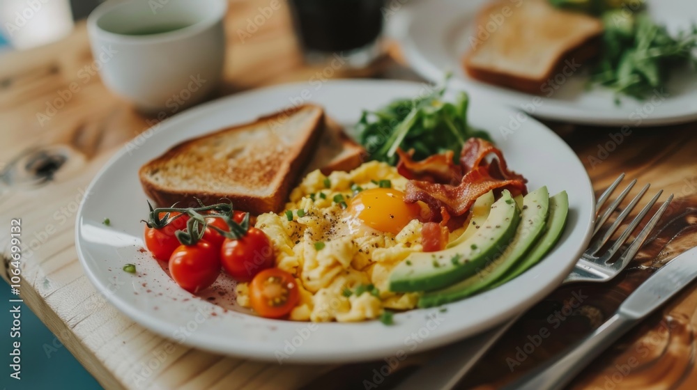 Scrumptious Breakfast Plate with Scrambled Eggs, Avocado, and Bacon Scrumptious Breakfast Plate with Scrambled Eggs, Avocado, and Bacon