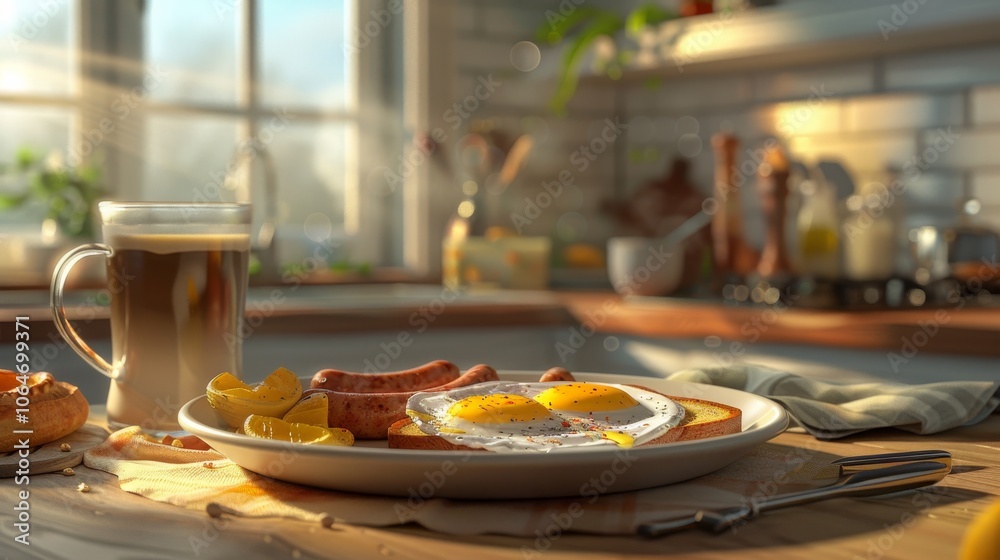 A Sunny Morning Breakfast with Fried Eggs and Coffee A Sunny Morning Breakfast with Fried Eggs and Coffee