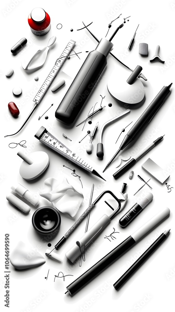 Fototapeta premium Medical tools and equipment on white background.