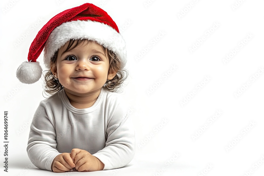 Smiling toddler in Santa hat for Christmas, Adorable toddler wearing a Santa hat and striped shirt, smiling brightly against a white background, embodying holiday joy and spirit.
Smiling toddler in Santa hat for Christmas, Adorable toddler wearing a Santa hat and striped shirt, smiling brightly against a white background, embodying holiday joy and spirit.