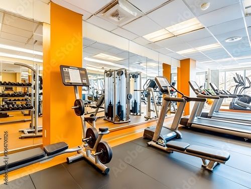 Modern Fitness Center Interior with Treadmills and Exercise Equipment.