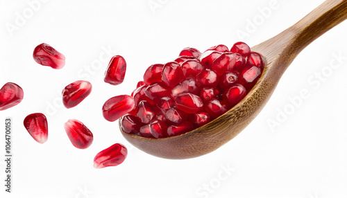 Flying air Ripe juicy pomegranate grains in wooden spoon isolated on white background. ai generated