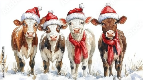 Adorable cows wearing christmas hat and scarf in snowfall