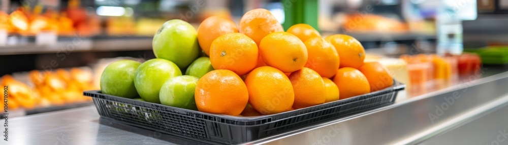 Overflowing basket of fresh oranges and apples on a rustic kitchen counter, still life of healthy eating Overflowing basket of fresh oranges and apples on a rustic kitchen counter, still life of healthy eating