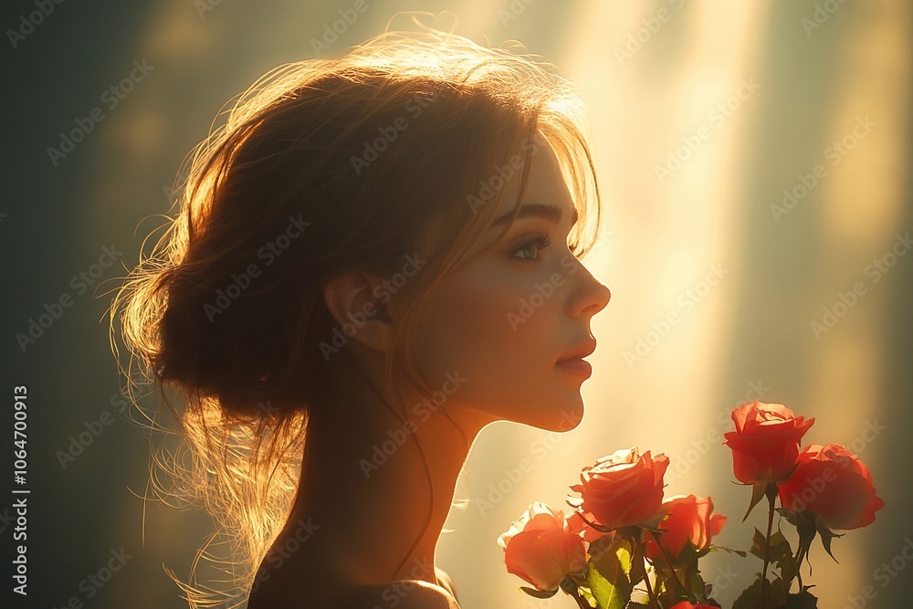 Naklejka premium Profile of a woman with a bouquet of roses, which is illuminated by the sun's rays, emphasizing her features.