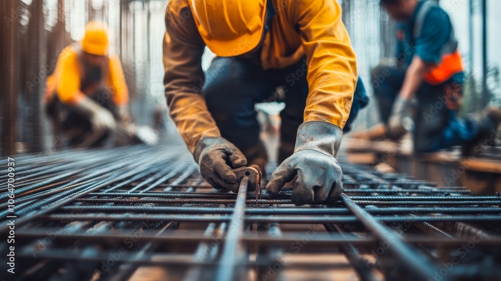 A construction worker arranges steel reinforcement bars, focusing on details while other workers assist in the background at a building site. A construction worker arranges steel reinforcement bars, focusing on details while other workers assist in the background at a building site.