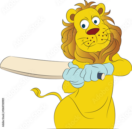 Lion as a cricket team mascot. in cricket gear and various cricket actions