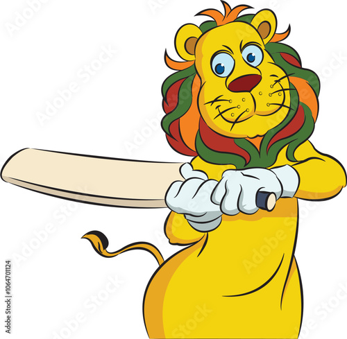 Lion as a cricket team mascot. in cricket gear and various cricket actions